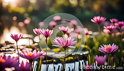 AI generated illustration of a field of multicolored flowers blooming near a tranquil lake Cartoon Illustration