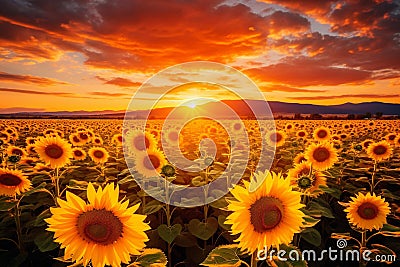 AI generated illustration of a field of sunflowers at sunset Cartoon Illustration