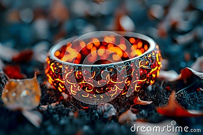 AI-generated illustration of a fiery ring glowing amidst rocks Cartoon Illustration