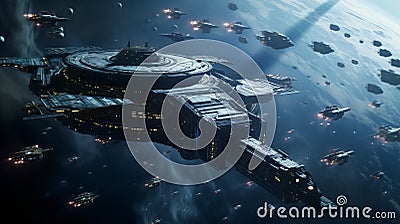 AI generated illustration of a fleet of space battleships navigating through an interstellar armada Cartoon Illustration