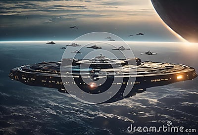 space ships in front of a huge starfighter on the horizon Cartoon Illustration