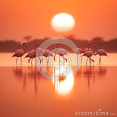 AI generated illustration of a flock of pink flamingos in a lake Cartoon Illustration