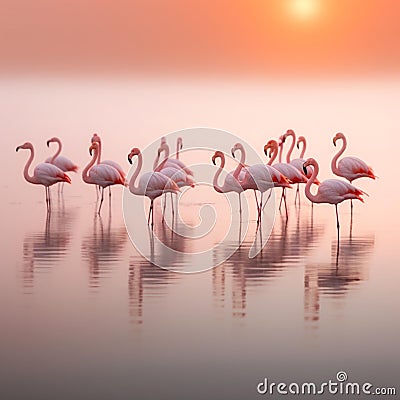 AI generated illustration of a flock of pink flamingos in a lake Cartoon Illustration