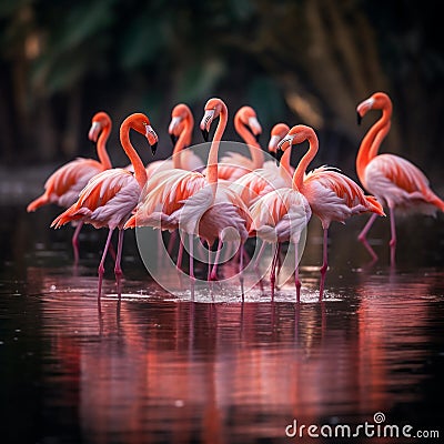 AI generated illustration of a flock of pink flamingos in a lake Cartoon Illustration