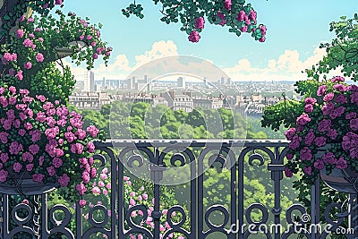 AI generated illustration of a floral painting on fence, vibrant blooms cascading Cartoon Illustration