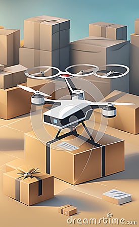 AI generated illustration of a drone delivering a parcel Cartoon Illustration