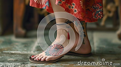 Traditional East Asian Umbrella Tattoo on Foot - AI generated digital art Cartoon Illustration