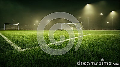 AI generated illustration of football pitch with illuminated lamp posts Cartoon Illustration