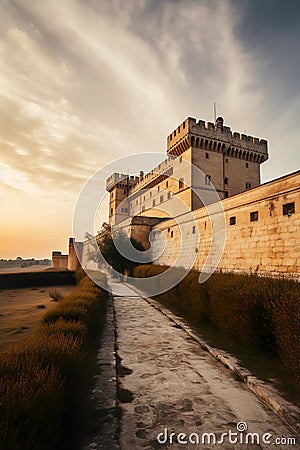 AI-generated illustration of a footpath near a castle with green hedges on both sides. Cartoon Illustration