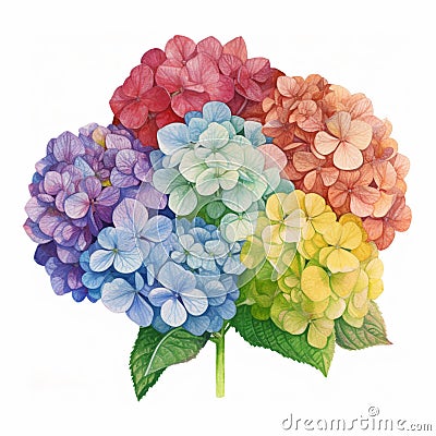 AI generated illustration of Four brightly colored French hydrangeas isolated on a white background Cartoon Illustration