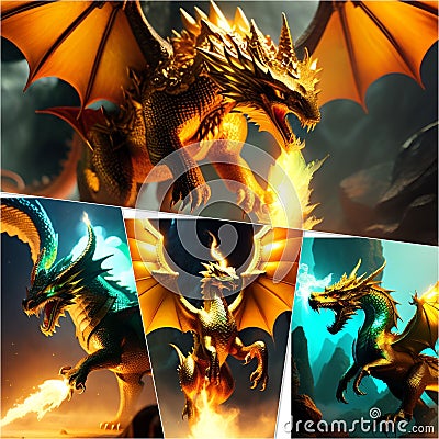 AI generated illustration of four dragons in vibrant colors in a dramatic battle Cartoon Illustration