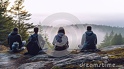 AI generated illustration of four people enjoying an outdoor adventure by the edge of a cliff Cartoon Illustration