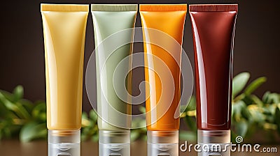 AI-generated illustration of four tubes of lotion, of various colors, neatly lined up in a row Cartoon Illustration