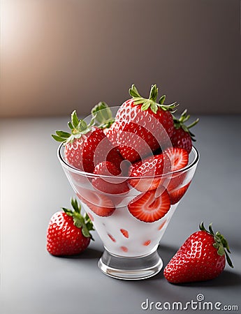 AI generated illustration of a fresh bowl of ripe strawberries on ice cream Cartoon Illustration