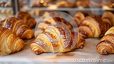 AI generated illustration of fresh croissants showcased in a bakery cabinet Cartoon Illustration