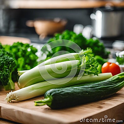 AI generated illustration of fresh herbs and broccoli on a wooden cutting board Cartoon Illustration