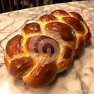 AI generated illustration of a freshly baked braided loaf of bread on a marble surface Cartoon Illustration