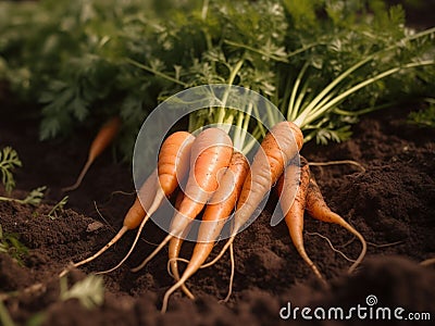 AI generated illustration of freshly-grown organic carrots nestled in the soil Cartoon Illustration