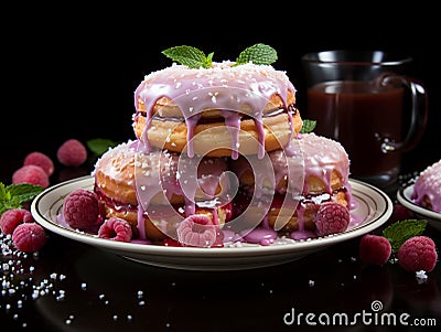 AI-generated illustration of freshly-iced doughnuts with raspberries around it Cartoon Illustration