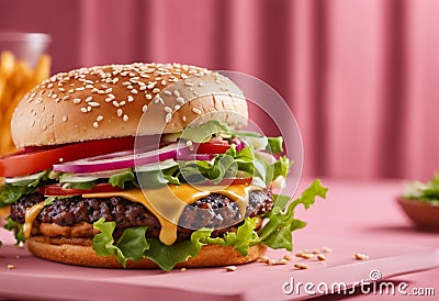 AI generated illustration of freshly-prepared cheeseburger served alongside with french fries Cartoon Illustration