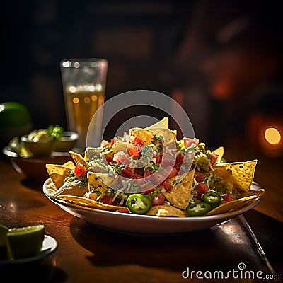 AI generated illustration of a freshly prepared plate of nachos served on a rustic wooden table Cartoon Illustration