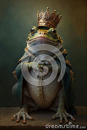 AI generated illustration of a frog wearing a regal costume with a crown and cape Cartoon Illustration