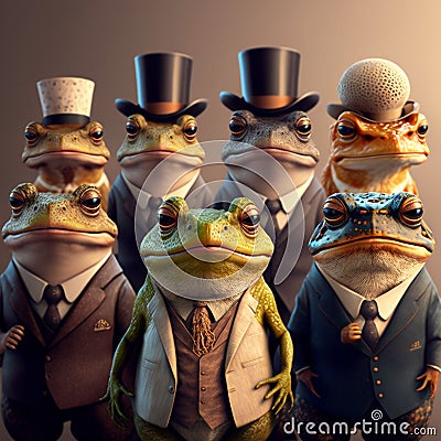 AI generated illustration of frogs wearing suits and hats Cartoon Illustration