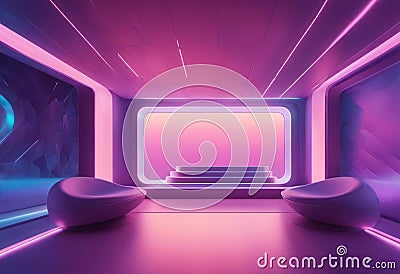 AI generated illustration of a futuristic room with bright pink lighting and modern furniture Cartoon Illustration