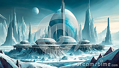 A space colony on a ice planet Cartoon Illustration