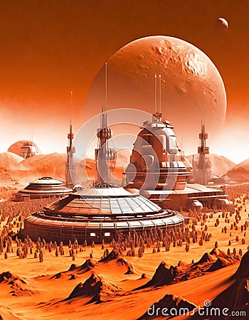 A space colony on a red planet Cartoon Illustration