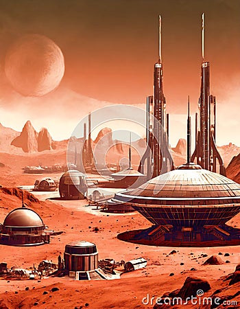 A space colony on a red planet Cartoon Illustration