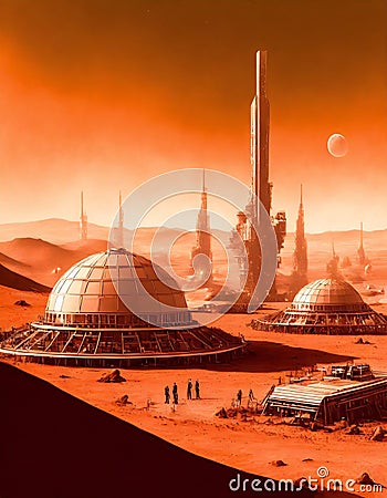 A space colony on a red planet Cartoon Illustration