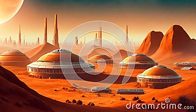 A space colony on a red planet Cartoon Illustration