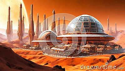 A space colony on a red planet Cartoon Illustration