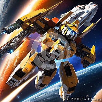 AI generated illustration of a futuristic yellow, starfighter aircraft robot in space Cartoon Illustration