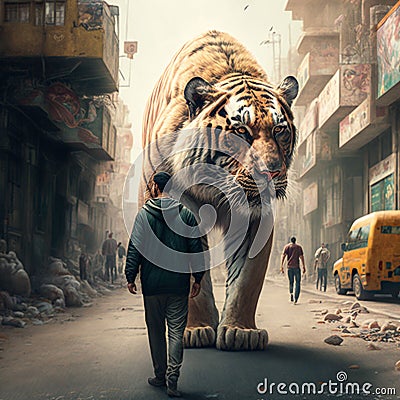 AI generated illustration of a giant tiger roaming among people on a narrow city street Cartoon Illustration