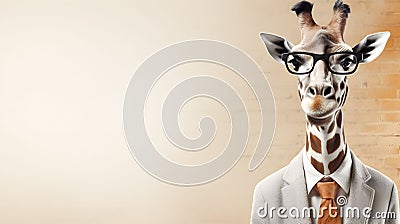 AI generated illustration of a giraffe wearing a stylish suit, a tie, and a pair of glasses Cartoon Illustration