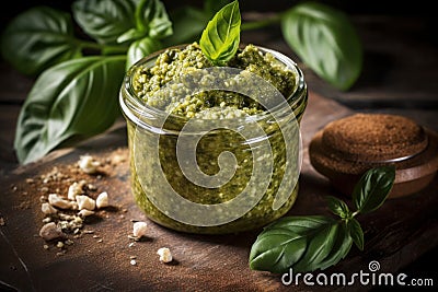 AI-generated illustration of a glass jar filled with freshly made pesto sauce. Cartoon Illustration