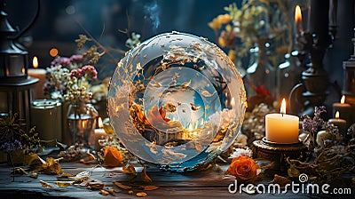 AI generated illustration of a globe covered in flowers illuminated by candles Cartoon Illustration