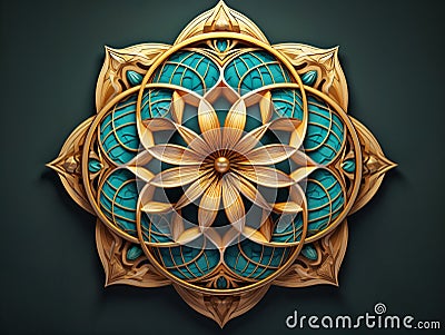 AI generated illustration of a golden floral ornament with intricate blue details Cartoon Illustration