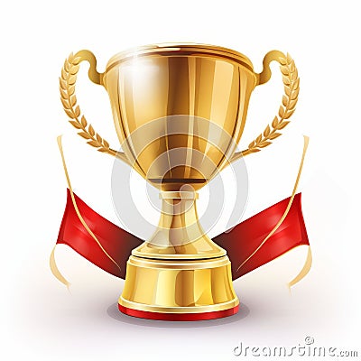 AI generated illustration of a golden trophy with a red ribbon and laurels draped around it Cartoon Illustration