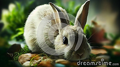 AI-generated illustration of a gray rabbit eating greens Cartoon Illustration