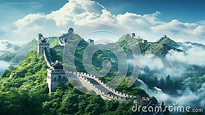 AI-generated illustration of the Great Wall of China against a blue sky with fluffy white clouds Cartoon Illustration