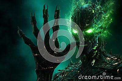 AI generated illustration of a green demon with green eyes with a dark background Cartoon Illustration