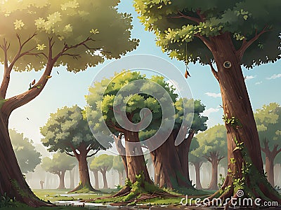 AI generated illustration of green trees in a jungle Cartoon Illustration