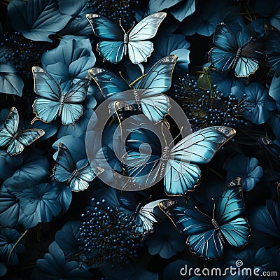 AI generated illustration of a group of blue butterflies Cartoon Illustration