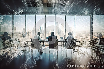 AI generated illustration of a group of businesspeople, silhouetted against bustling city skyline Cartoon Illustration