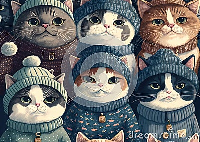 AI-generated illustration of a group of cats in hats and sweaters. Cartoon Illustration