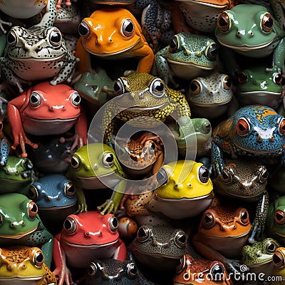 AI generated illustration of a group of frogs featuring a mix of vibrant colors Cartoon Illustration