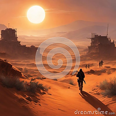 AI generated illustration of a group of men walking down a sun-drenched desert road Cartoon Illustration